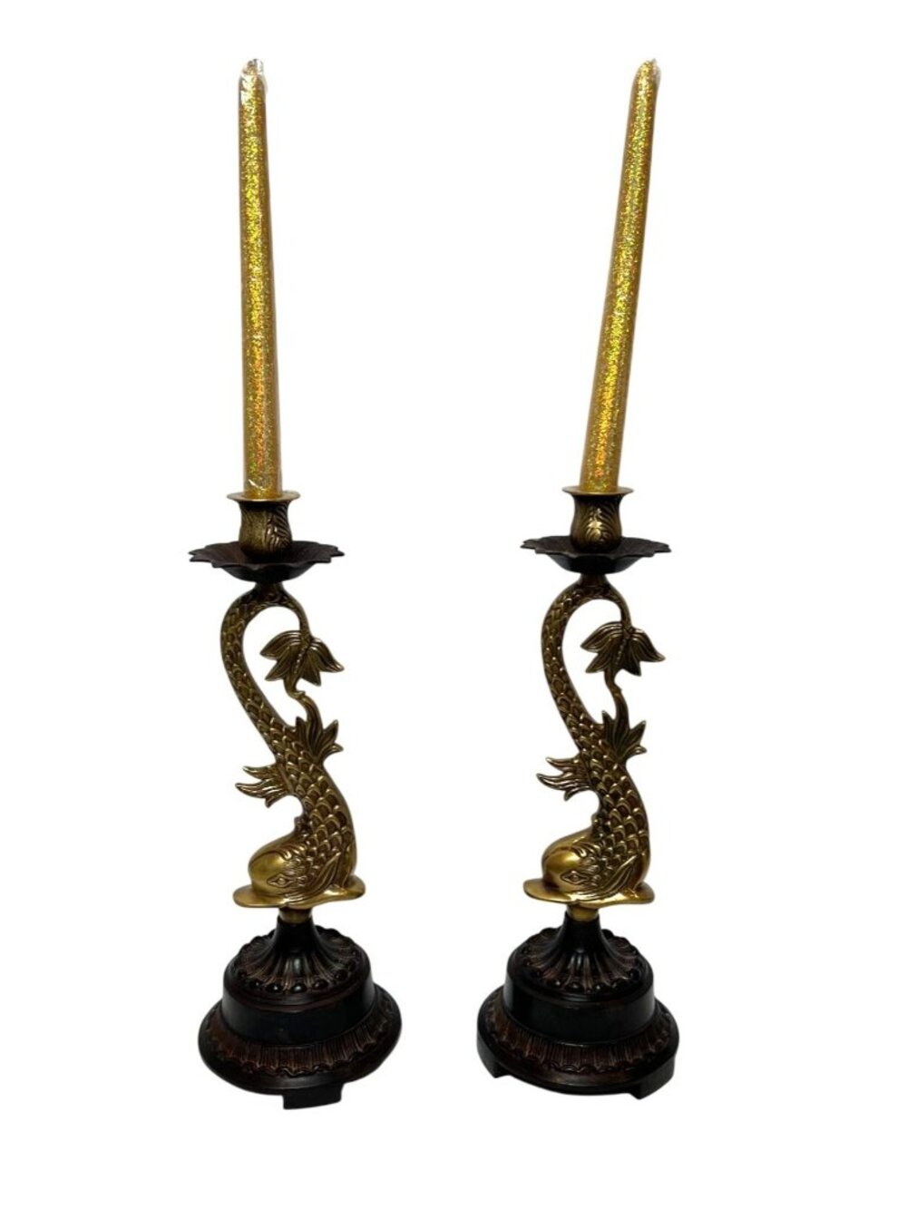 Vintage Brass Koi Dolphin Candlestick Holders Ornate Patina Base Leaf Design